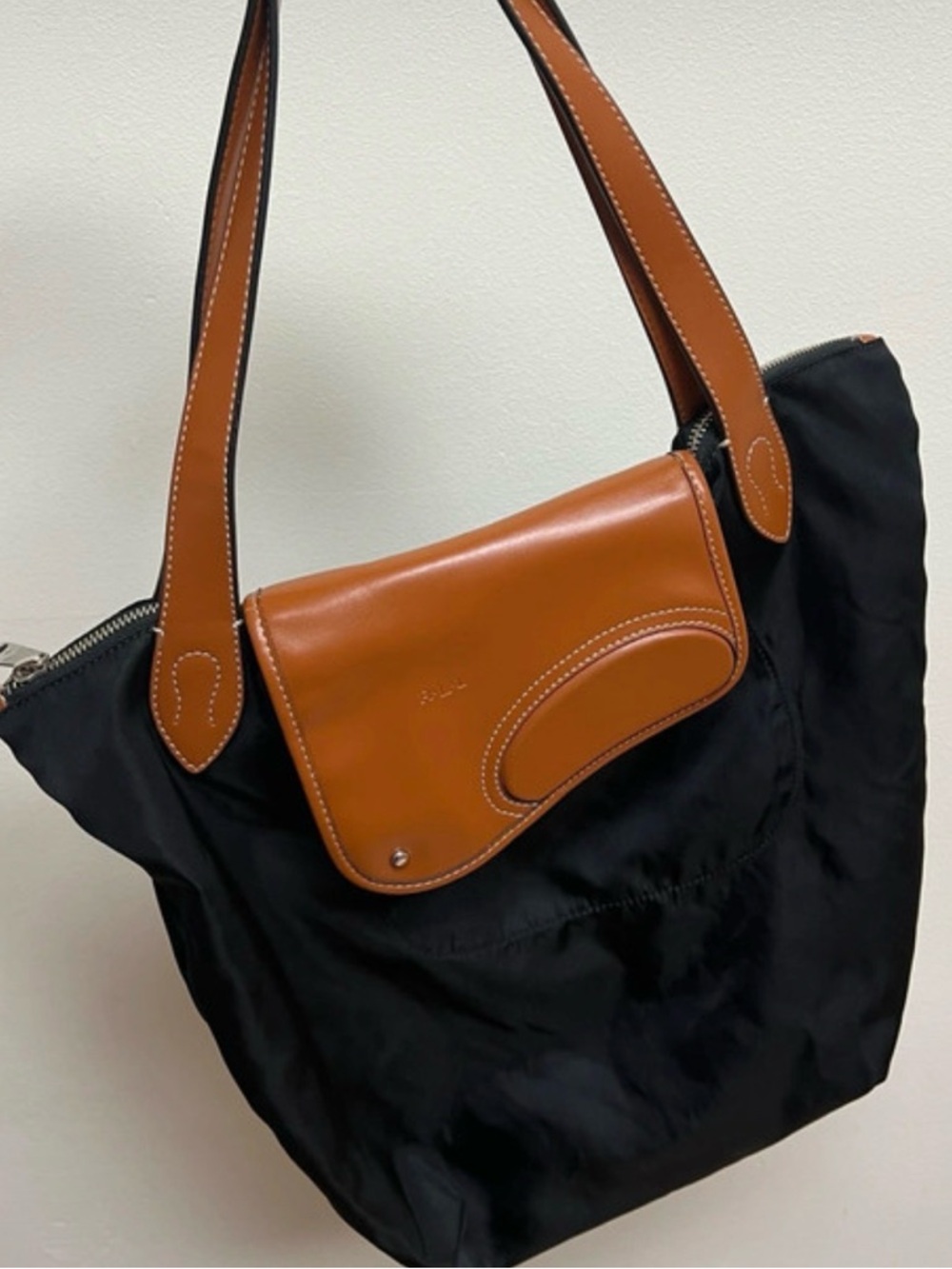 Ralph Lauren Black Nylon Tote with Tan Leather Trim